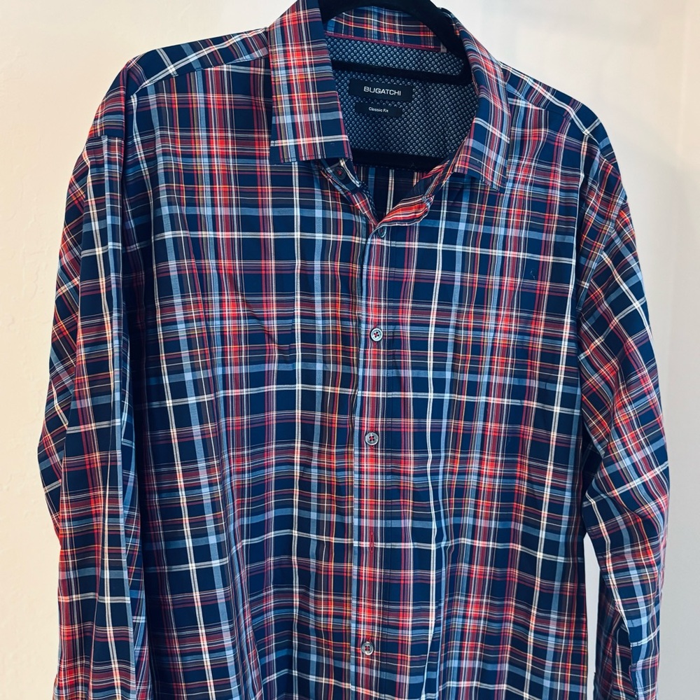 Bugatchi Long Sleeve Blue Red Plaid Collared Button Down Shirt, 100% Cotton, XL